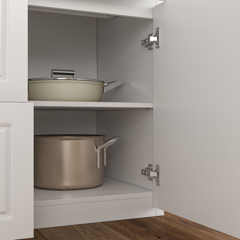 FUFU&GAGA White Paint Finish Kitchen Island with 5 Drawers 2 Doors Adjustable Shelves Silver Handles 66.9''L × 31.4''W × 37''H