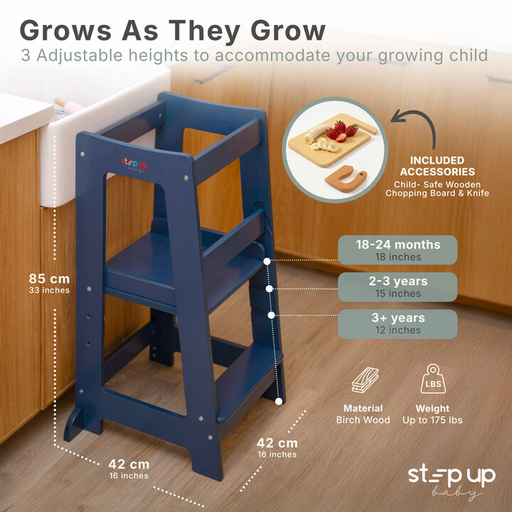 Stepup Baby&reg; Adjustable Toddler Tower - Blue Wooden Step Stool for Kids | Toddler Standing Tower with Child-safe Chopper & Chopping Board for 18M-4Y