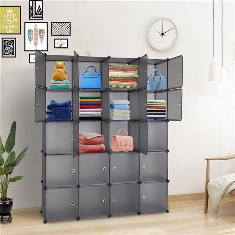 Multi-Functional 20-Cube Plastic Storage Shelves, Modular Closet Organizer with Hanging Rod & Doors