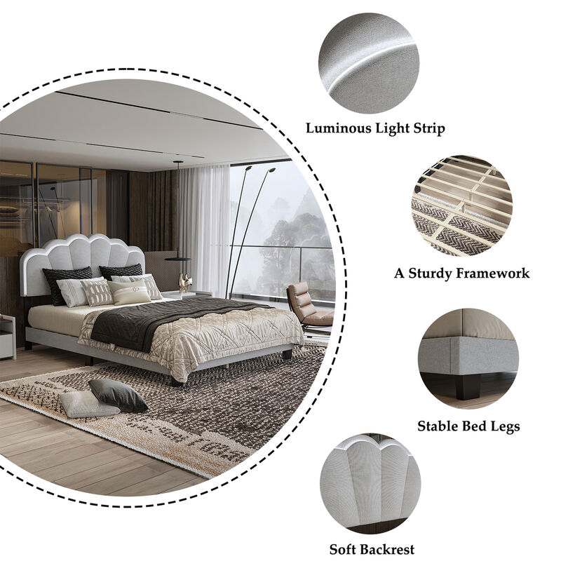FUFU&GAGA Upholstered Bed with White Ambient LED Light, Queen Size, Soft Fabric Upholstery with MDF and Multi-Layer Board Construction, (82.3" D x 61.4" W x 44.3" H), Light Grey