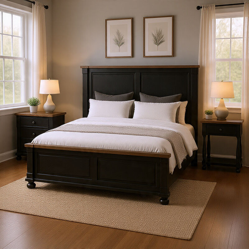 Queen Bedroom Set, Black, Oak Brown, Pewter Wood, 3 Piece Set with 2 Nightstands image number 1
