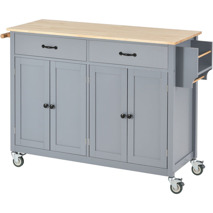 Kitchen Island Cart with Solid Wood Top and Locking Wheels, 54.3 Inch Width, 4 Door Cabinet and Two Drawers, Spice Rack, Towel Rack (Grey Blue)