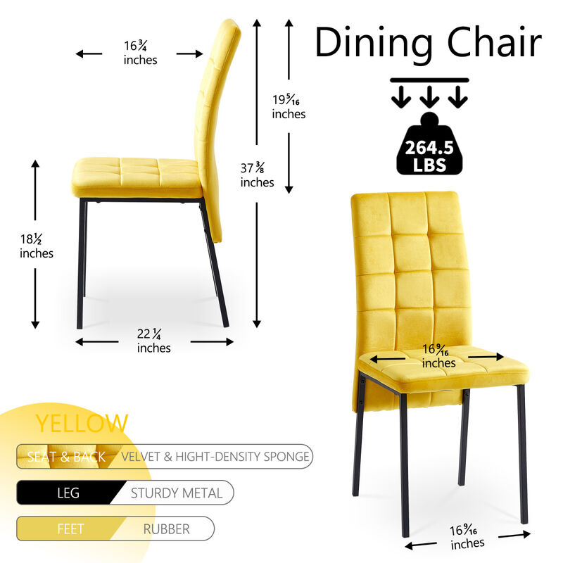 Yellow Velvet High Back Nordic Dining Chair Modern Fabric Chair with Black Legs, Set Of 4