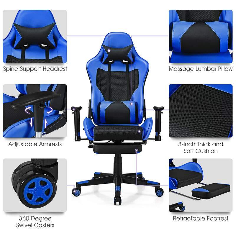 Costway Massage Gaming Chair Reclining Racing Office Computer Chair with Footrest Blue