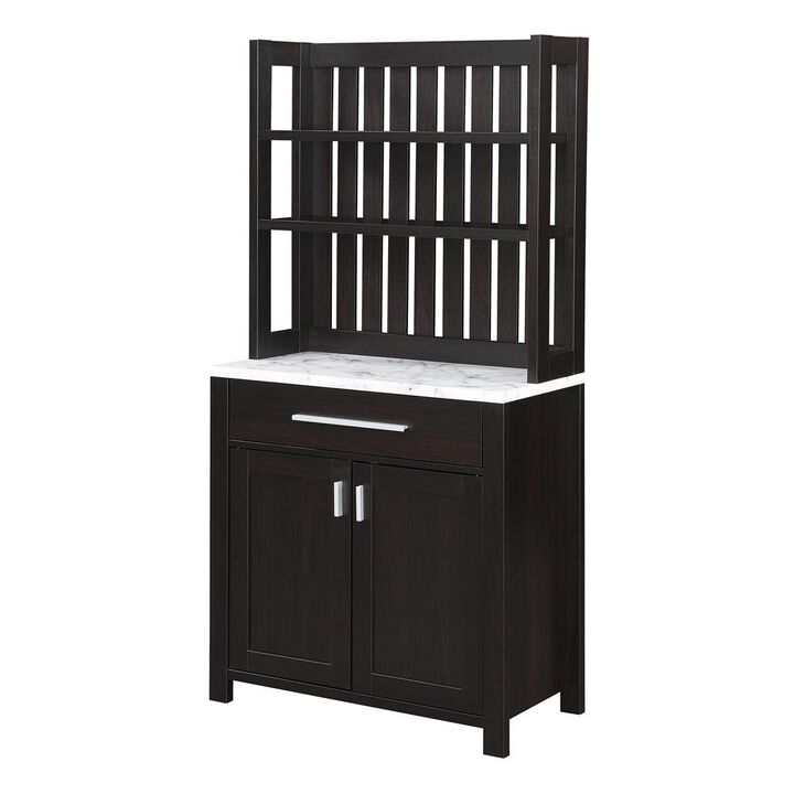 Convenience Concepts Sawyer Wine Bar With Cabinet, Faux White Marble/Espresso