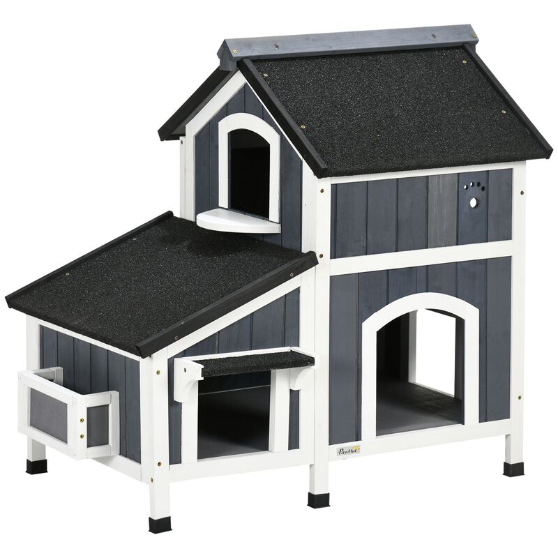 Wooden Cat Shelter: 2-Story Outdoor House with Flower Pot & Weather Resistant Roof