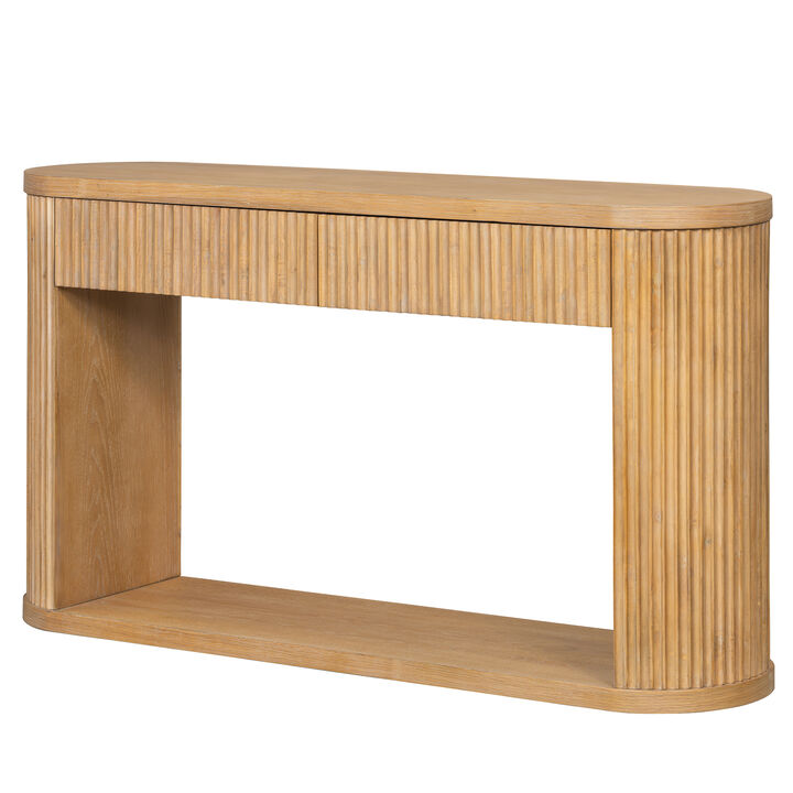 Merax Oval Fluted Rubber Wood Console Table with 2 Drawers & Open Bottom Shelf