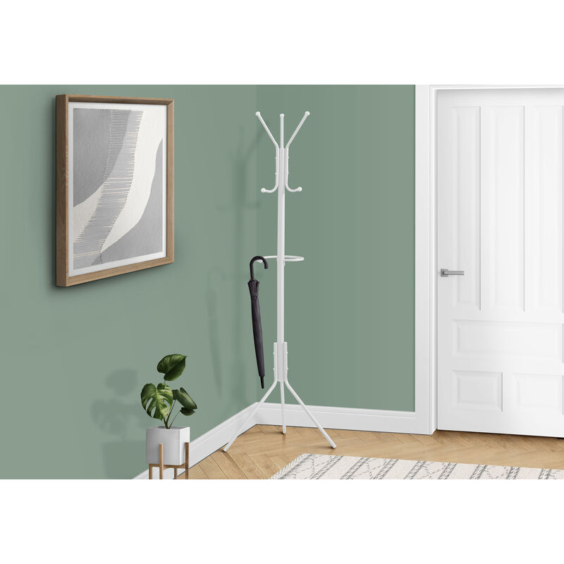Monarch Specialties I 2164 Coat Rack, Hall Tree, Free Standing, Hanging Bar, 6 Hooks, Entryway, 68"H, Bedroom, Metal, White, Contemporary, Modern