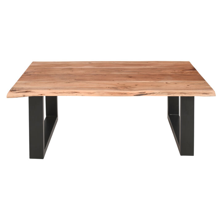 45 Inch Acacia Wood Rectangular Coffee Table, Live Edge Details, Black Powder Coated Metal Sled Base, Natural Brown