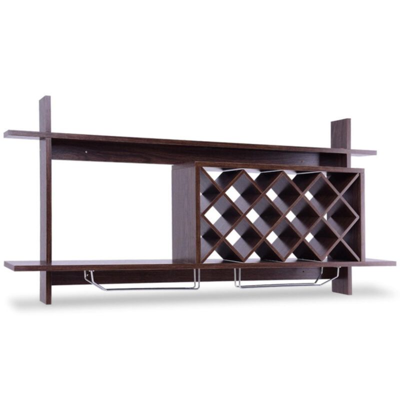 Hivvago Wall Mount Wine Rack with Glass Holder & Storage Shelf-Walnut