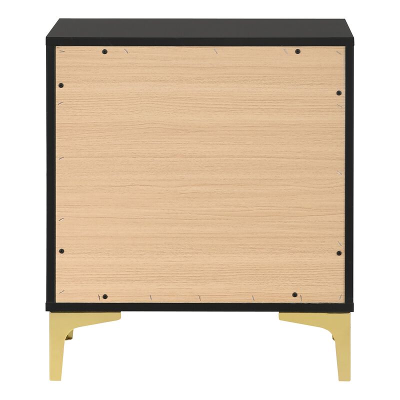 Lif 25 Inch Modern 2 Drawer Nightstand, Gold Metal Accents, Jet Black  - Benzara