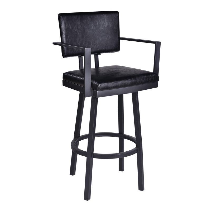 Lumbar Back Faux Leather Barstool with Stainless Steel Legs and Arms, Black - Benzara