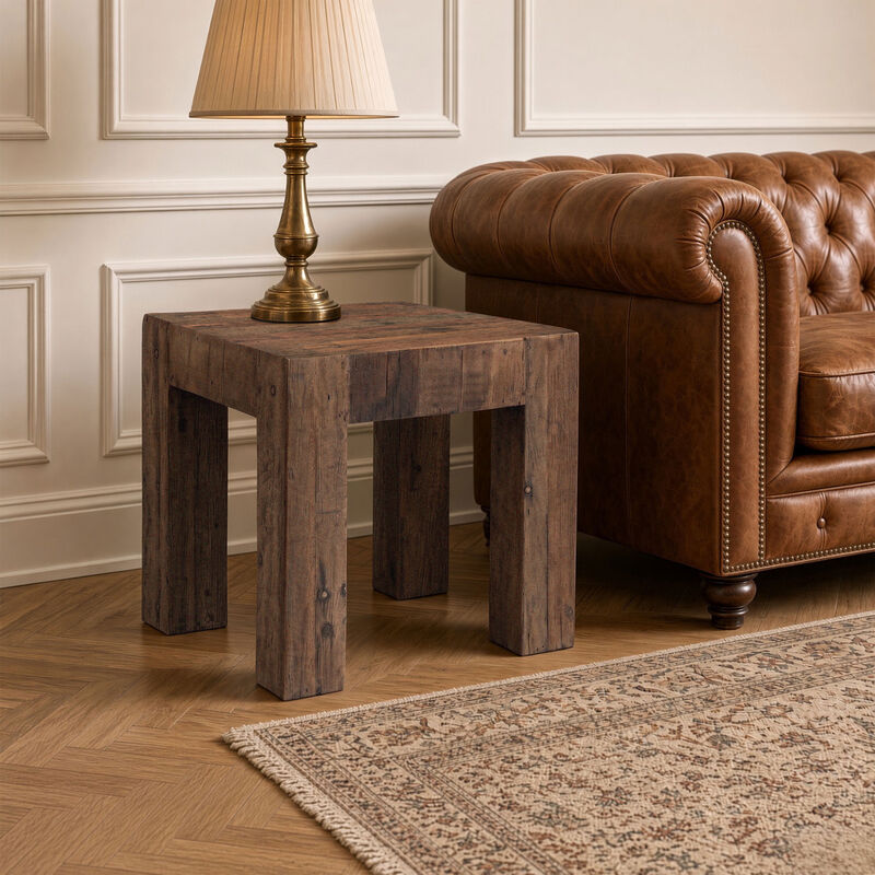Kiosk Side End Table, Reclaimed Wood, Rustic Brown Finish, Chunky Block Legs, 20 Inch image number 5