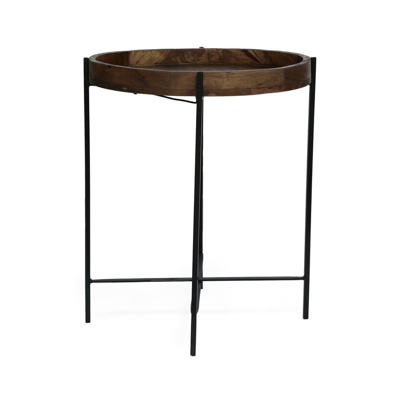 Peo Modern Side End Table, 22 Inch Round Wood Tray, Black Metal Base