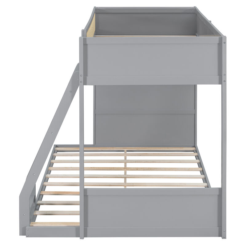 Merax Twin over Full Bunk Bed with Rattan Guardrail, LED Light & 4-Tier Side Bookshelf image number 4