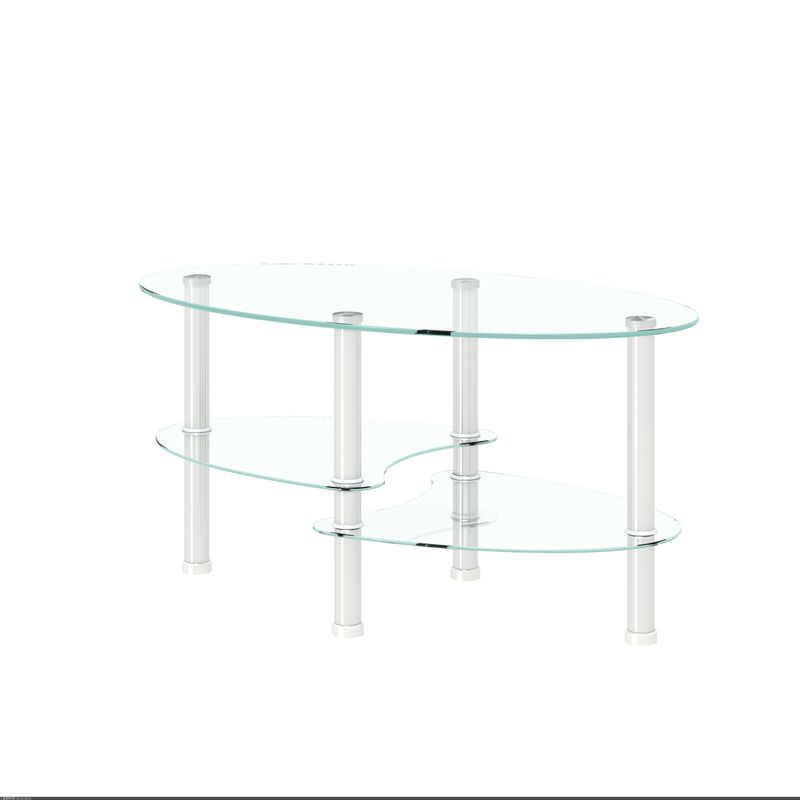 Transparent Oval Glass Coffee Table, Modern Table with Stainless Steel Leg
