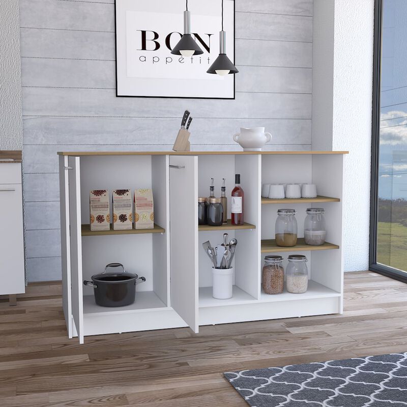 Kitchen Island Two Cabinets, Three Open Shelves, White / Natural Oak
