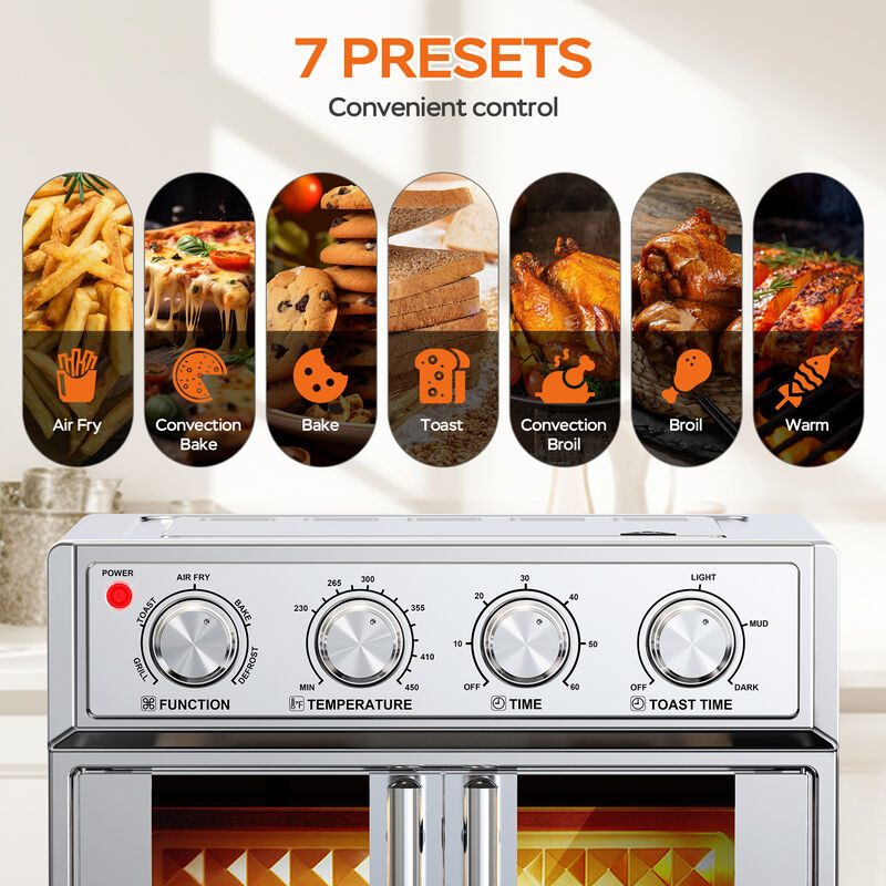 Stainless Steel 26 QT French Double-Door Air Fryer Convection Toaster Oven With 7-in-1 Multi-Function image number 6