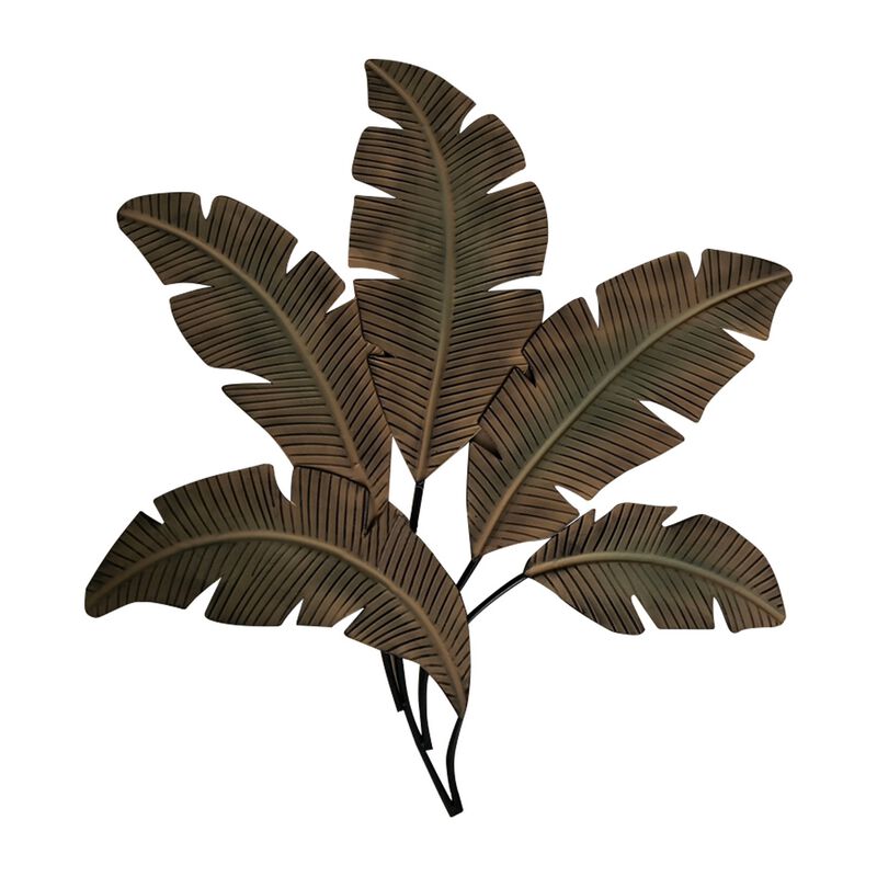 35 Inch Tropical Metal Palm Leaf Wall Mount Accent Decor, Brushed Green, Antique Yellow, Black-Benzara