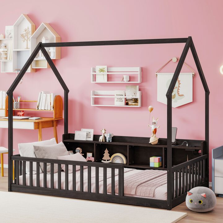 Whisen Twin Size House Floor Bed with Storage Shelves, LED Lights & Charging Station, Pine Wood Kids Platform Bed with Guardrails