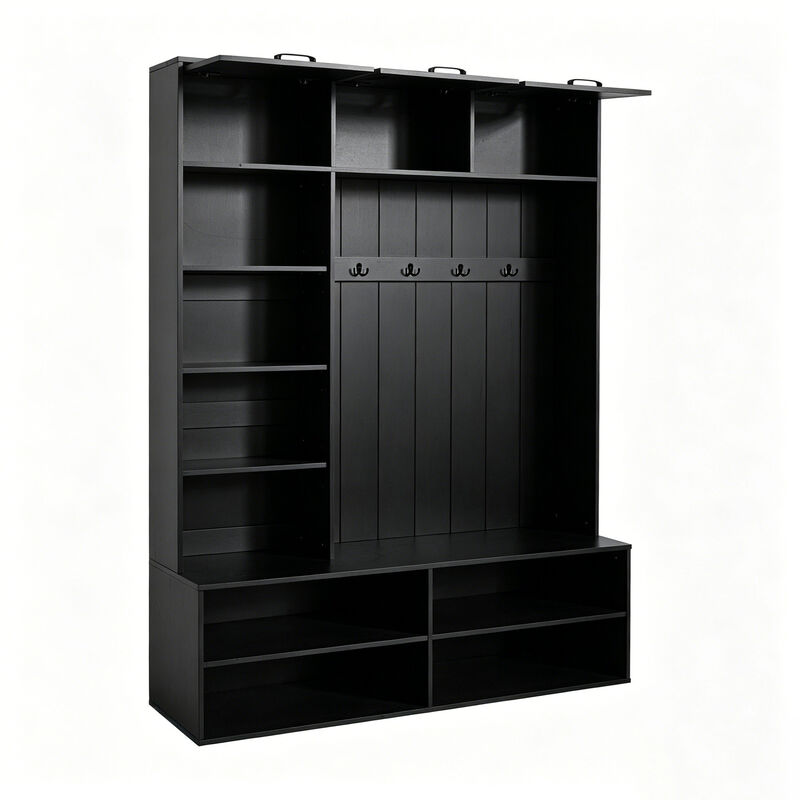 Merax Versatile Entryway Storage Unit with Open Shelving, Closed Cabinets, Hanging Hooks image number 4