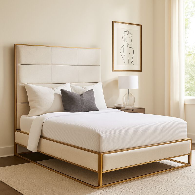 Chek Queen Size Bed w Channel Tufted Upholstery, Sand Brown, Gold Metal