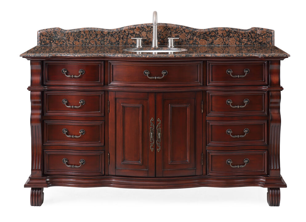 60 inch Antique Style Cherry Wood Hopkinton Bathroom Sink Vanity With Baltic Brown Top
