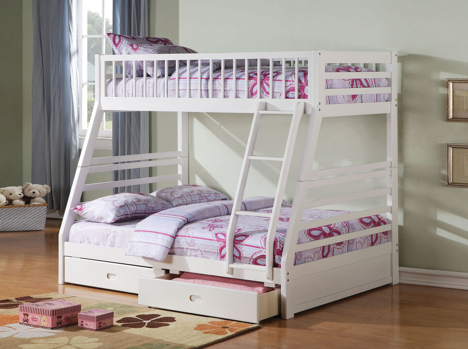 Wooden Twin/Full Bunk Bed with Drawers, White-Benzara