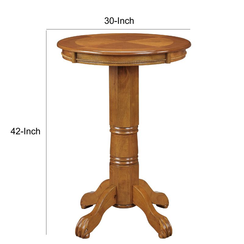 Ava 42 Inch Wood Pub Bar Table, Sunburst Design, Carved Pedestal, Oak