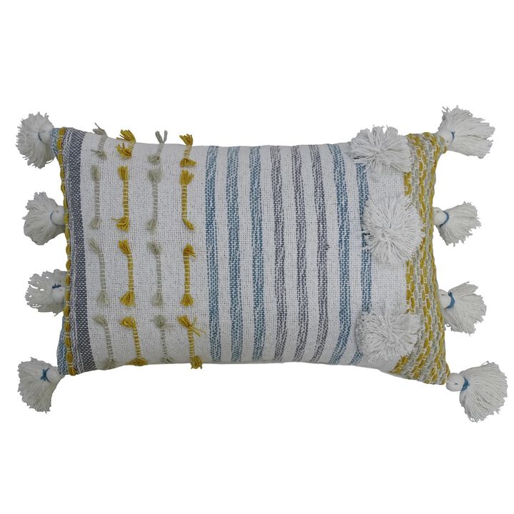 20" White and Blue Striped Rectangular Throw Pillow with Large Poms and Tassels