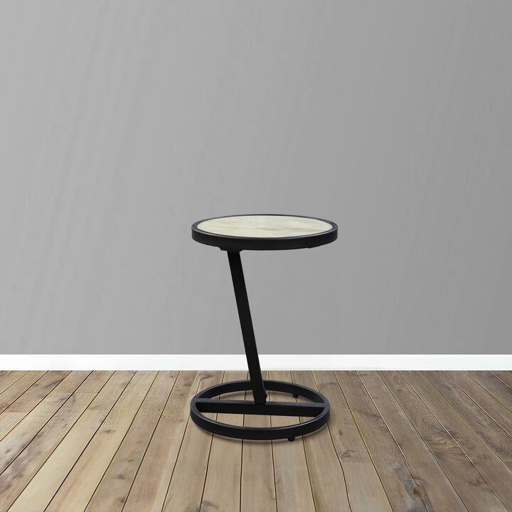 Beri 17 Inch Side End Table, Round White Natural Marble Top, Classic Black Angled Iron Frame - Benzara