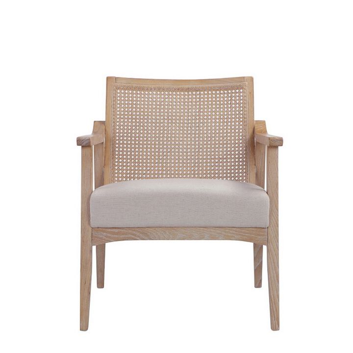 28 Inch Lounge Armchair with Cane Back, Beige Polyester Boucle, Brown Frame - Benzara