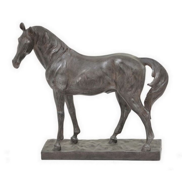 Fenny 16 Inch Standing Horse Statuette, Tabletop Figurine, Gray and Brown Resin - Benzara