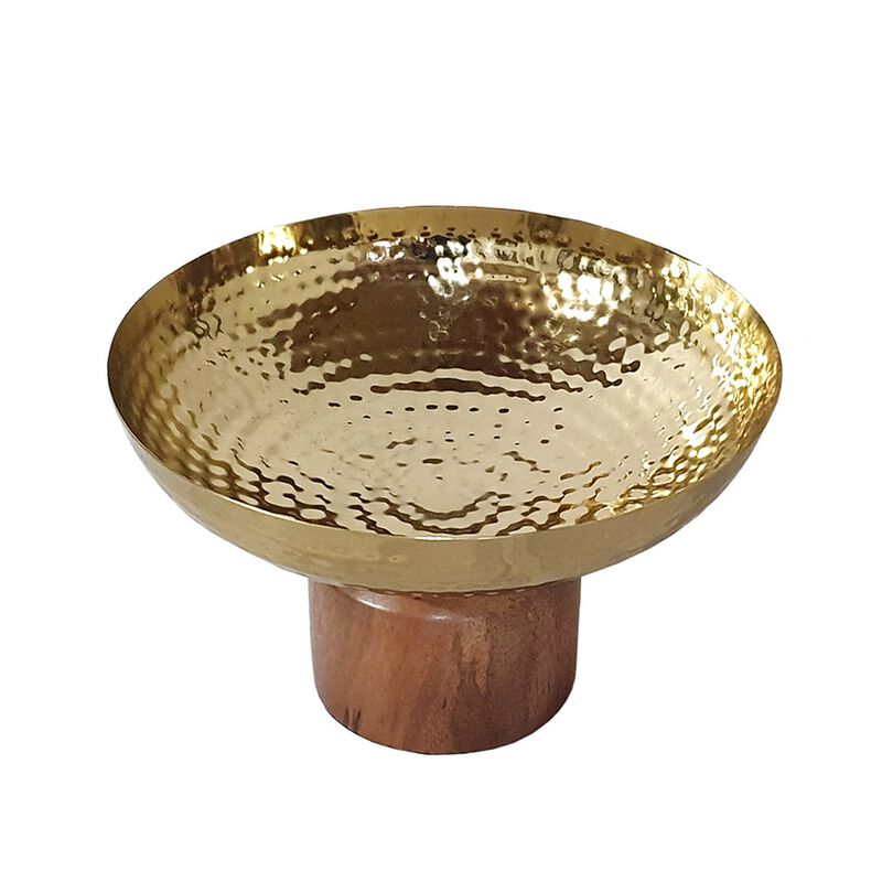 Roe 8 Inch Small Acacia Wood Table Bowl, Steel, Decorative, Gold and Brown - Benzara