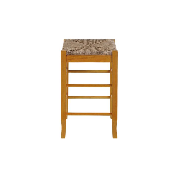 Chris 24 Inch Counter Stool with Wood Frame, Handwoven Rush Seat, Oak Brown-Benzara