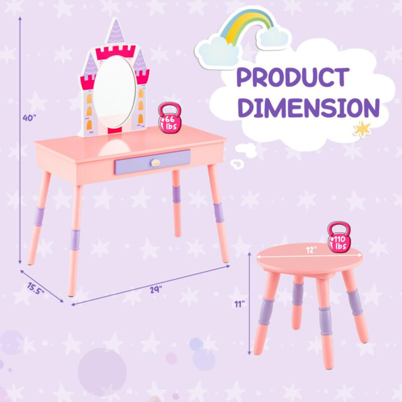 Hivvago Kids Princess Vanity Table and Stool Set with Drawer and Mirror-Pink