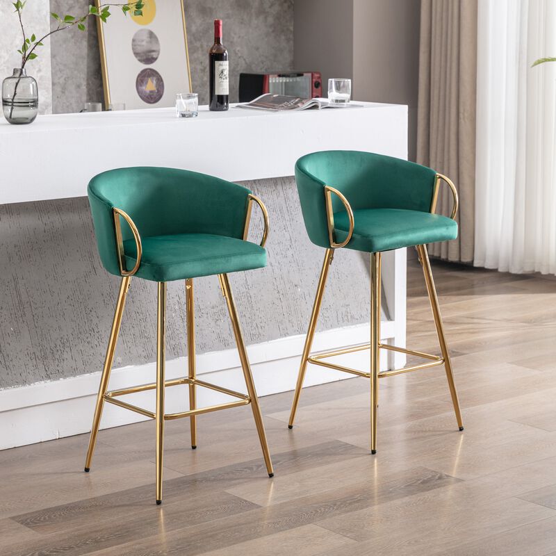 26 Inch Set of 2 Velvet Bar Stools with Chrome Footrest and Golden Base Counter Height Stools image number 7