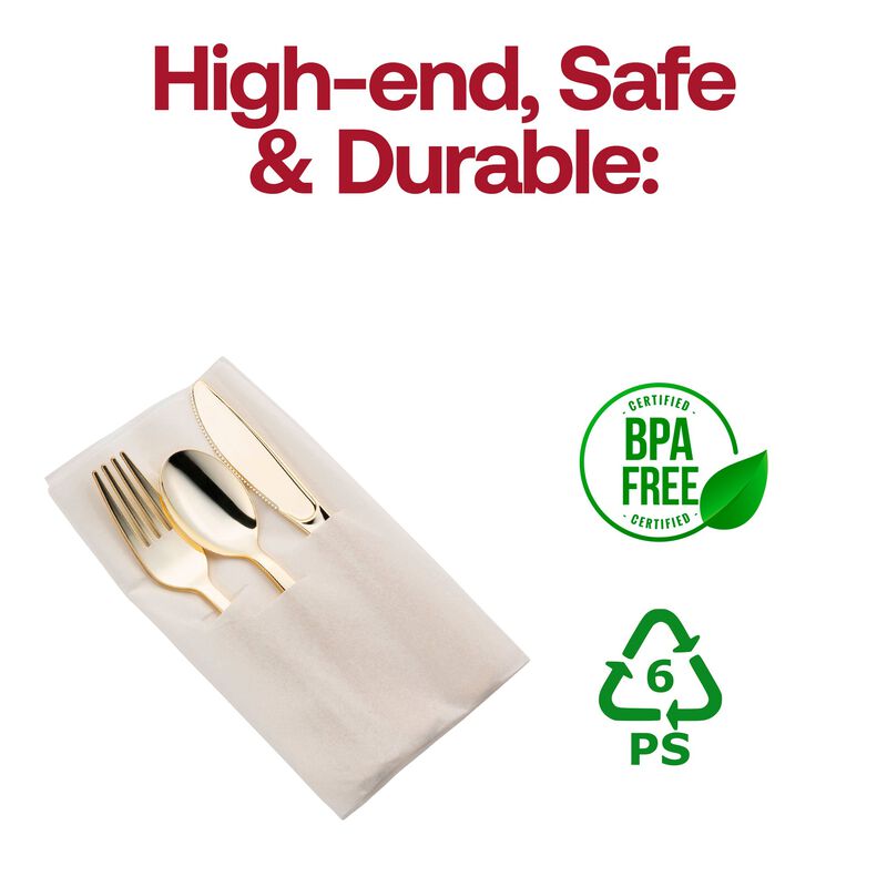Gold Plastic Cutlery in White Pocket Napkin Set (70 Sets) image number 4