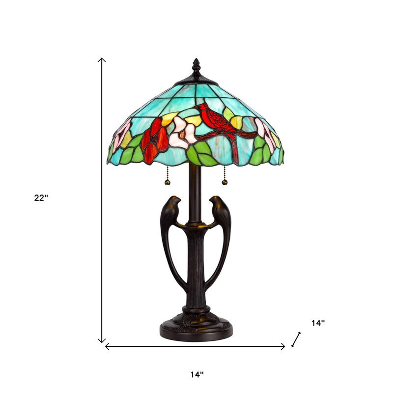 Hivvago 22" Bronze Two Light Tiffany Table Lamp With Aqua and Red Floral Shade