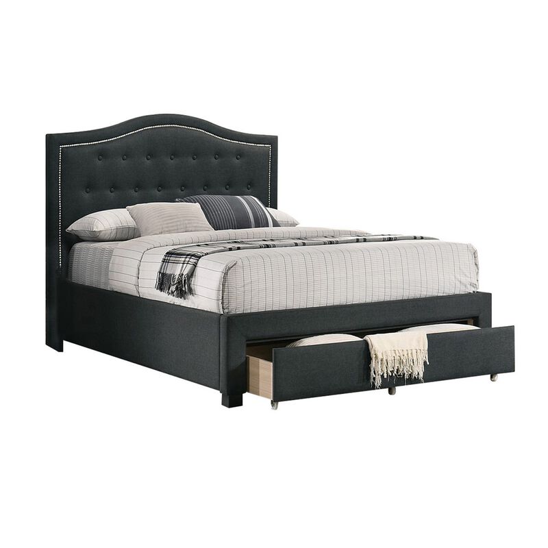 Buk California King Bed, Upholstered Tufted Headboard, Charcoal Burlap  - Benzara