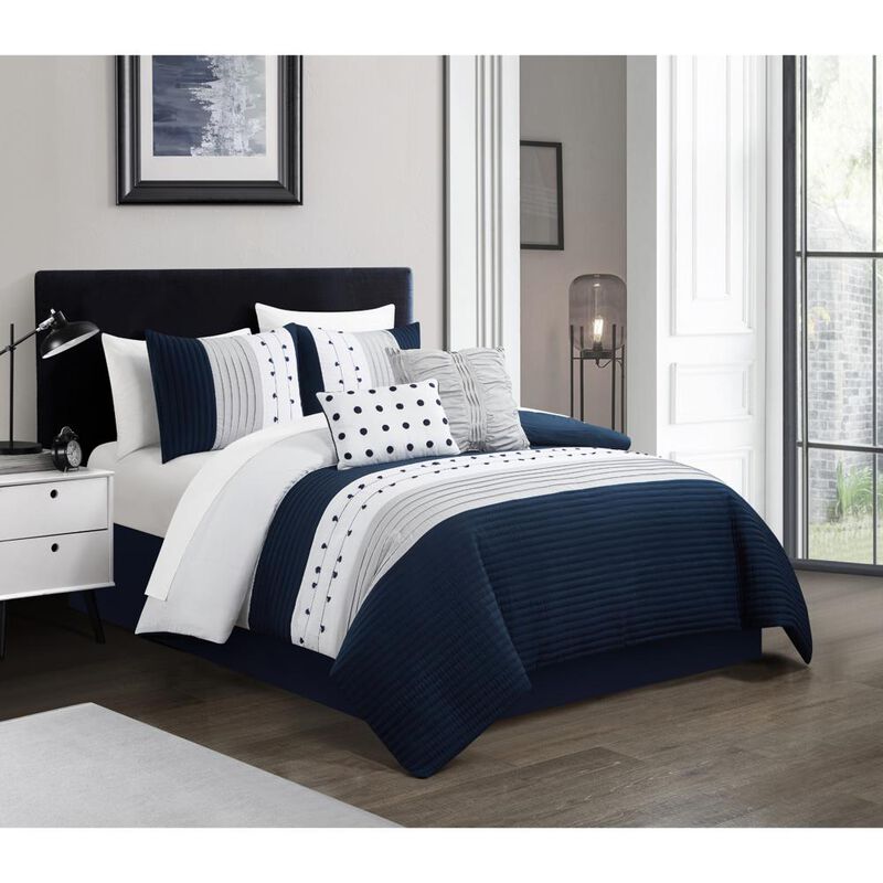 Chic Home Lainy Comforter Set Color Block Pleated Ribbed Embroidered Design Bedding Navy, Queen
