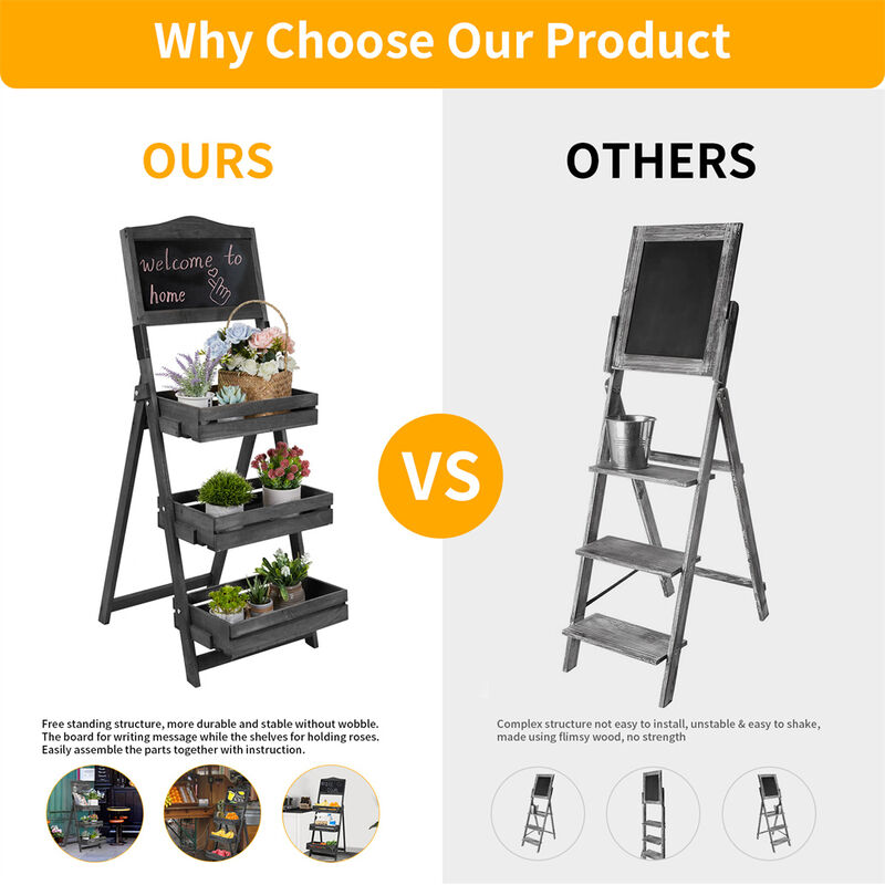 3-Tier Wood A-Frame Sidewalk Menu Chalkboard Sign with Display Shelf Plant Stand image number 5