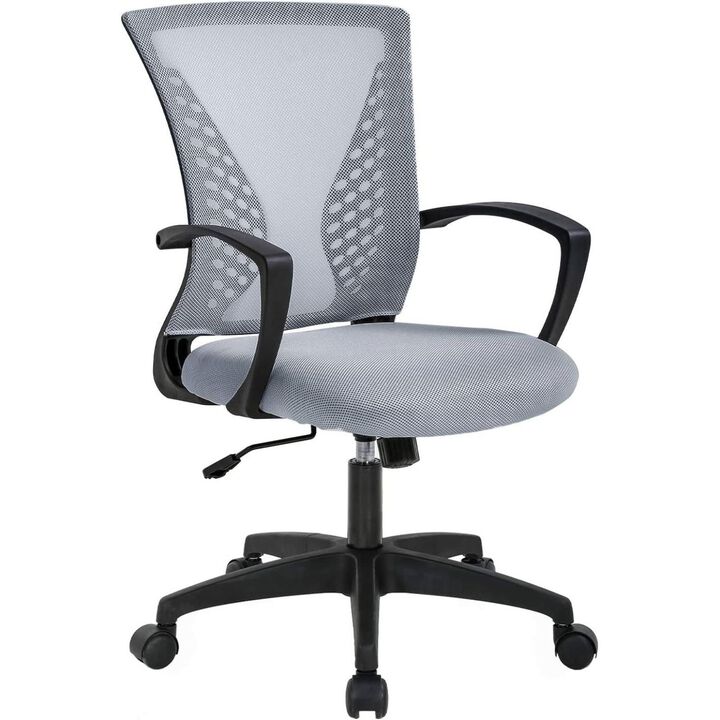QuikFurn Gray Modern Mid-Back Ergonomic Mesh Office Desk Chair with Armrest on Wheels