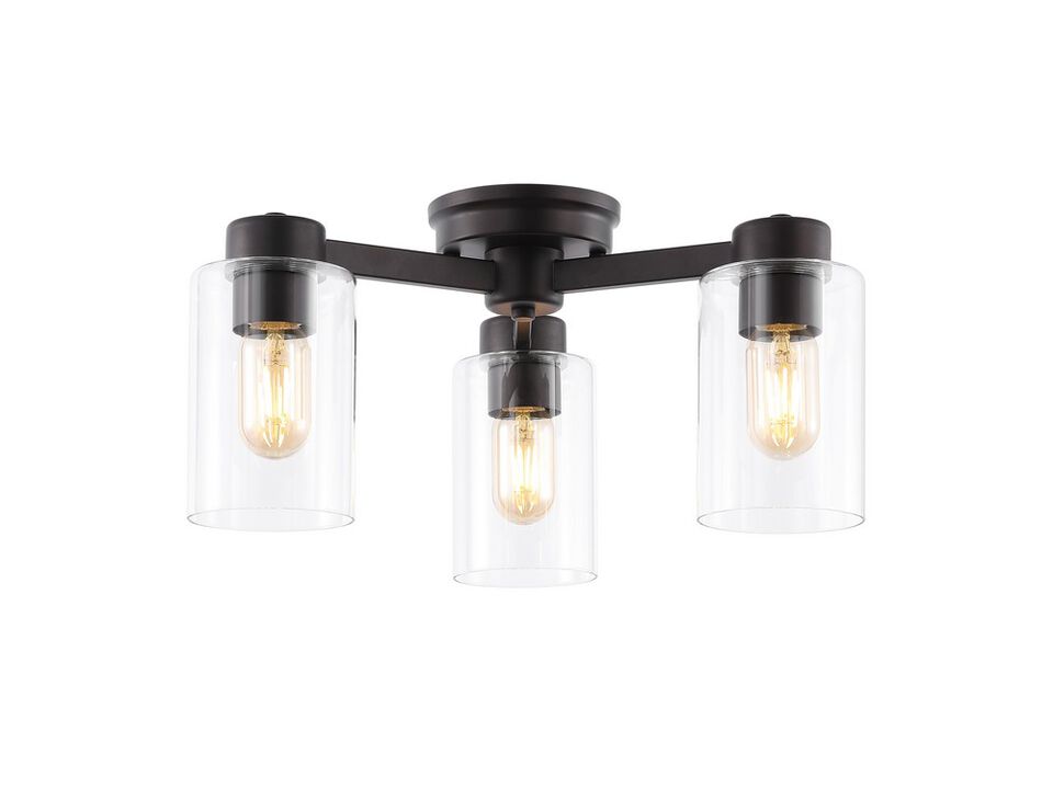 Orville 17" 3-Light Farmhouse Industrial Iron Cylinder LED Semi Flush Mount, Oil Rubbed Bronze/Clear