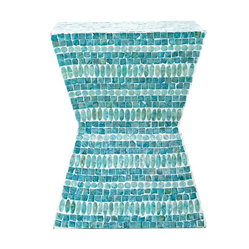 14 Inch Capiz Accent Table Stool, Blue Mosaic Geometric Hourglass Shape