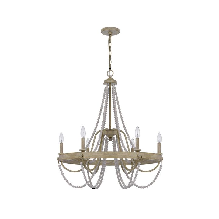 Maci 28 Inch Chandelier, White Beaded Candelabra Design, Brown Wood - Benzara