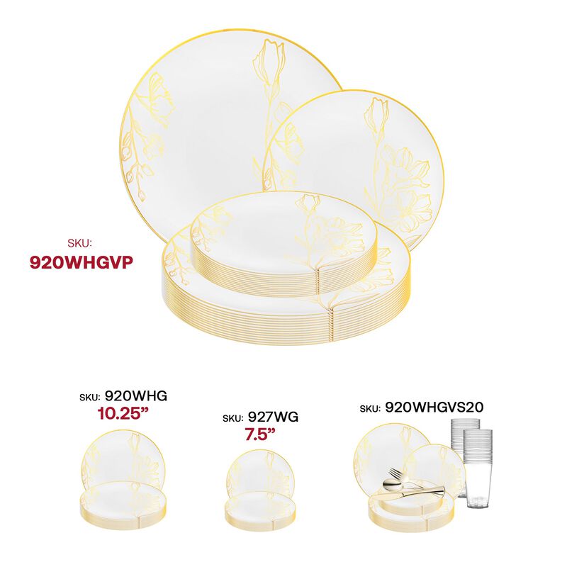 White with Gold Antique Floral Round Plastic Dinnerware Value Set (40 Sets) image number 6