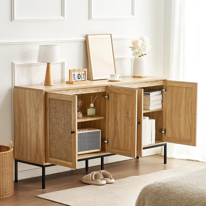 Rattan Storage Cabinet with 4 Magnetic Doors and Adjustable Shelves for Any Room