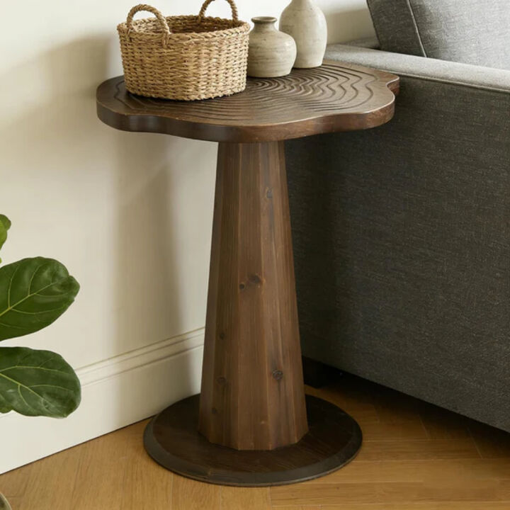 Solid Wood Round End Table, Pedestal Side Table with Tree-Ring Pattern