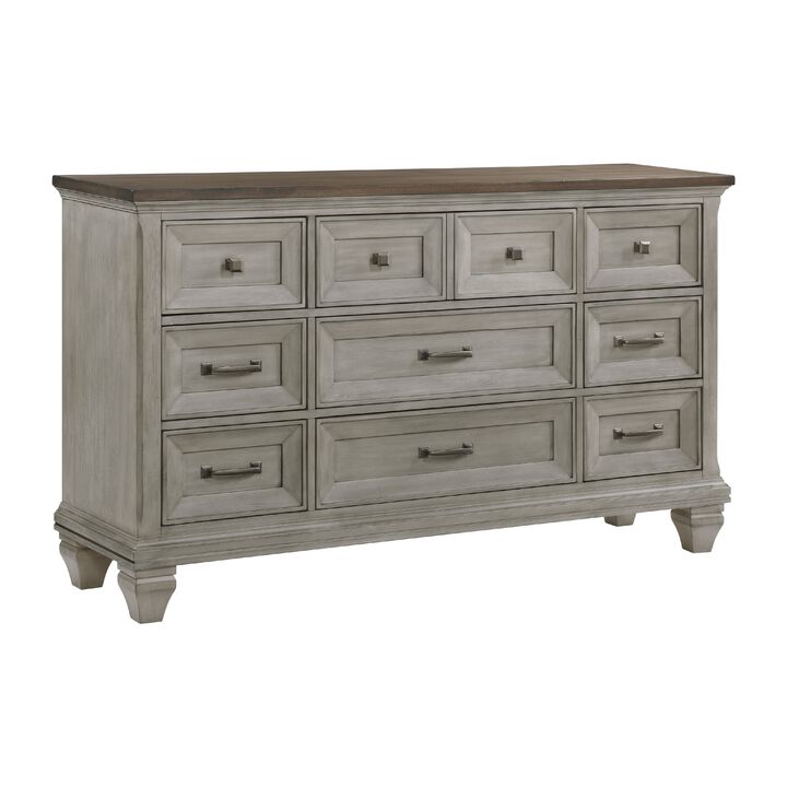Giny Dresser, 65 Inch, 9 Drawers, Brown and Antique Gray Acacia Wood